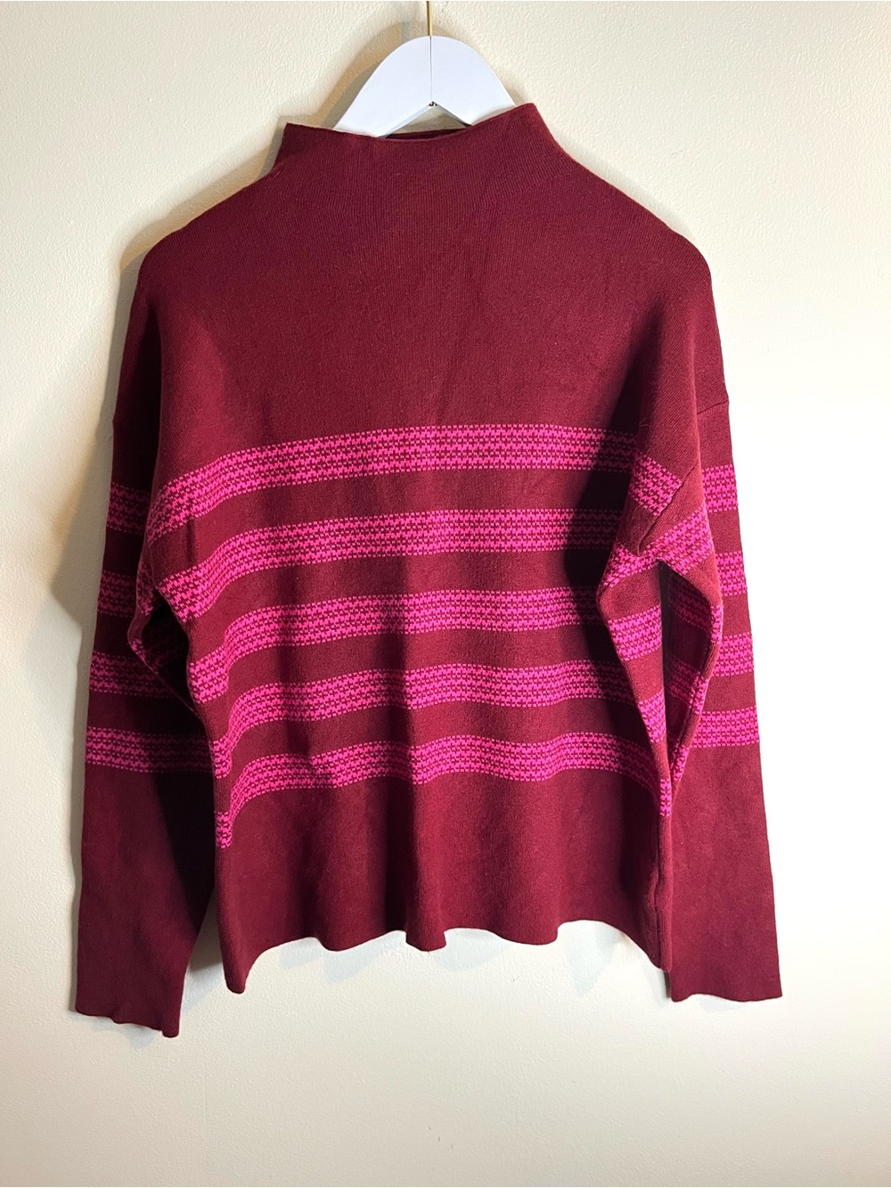 Tahari Women's Burgundy and Pink Striped Knit Mock Neck Sweater